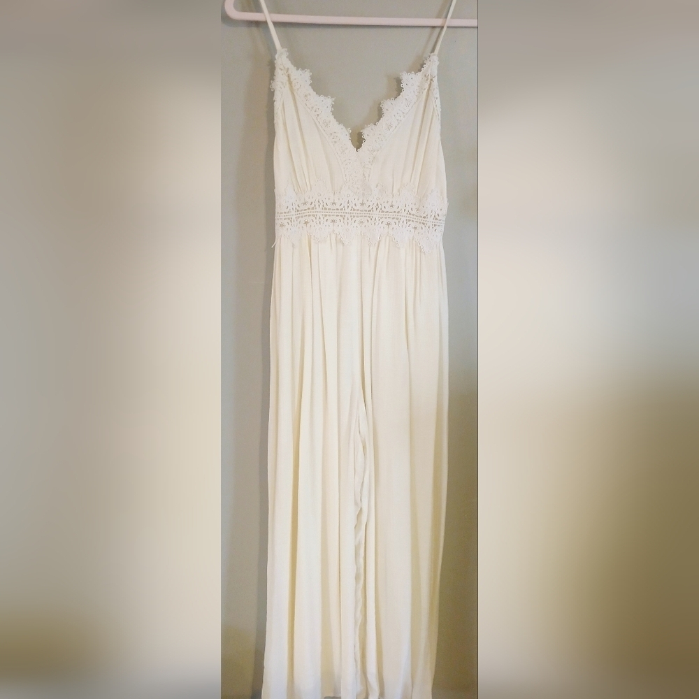 LUSH - Women's Light Yellow & Ivory Crocheted Detail Adjustable Strap Romper S
